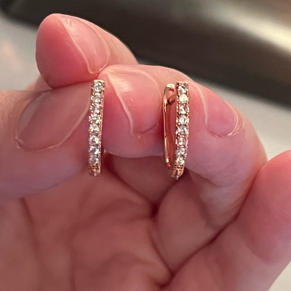 Rose Gold Diamond Huggie Drop Hoop Earrings - Picture 6 of 7